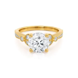 Round Moissanite Ring Brilliant Cut Moissanite Engagement Ring 14K Solid Gold Moissanite Wedding Ring Leaf Milgrain Band