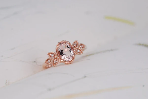 Pink-peach Oval Morganite Ring, Vintage Leaf Design Engagement Ring, white diamond solid rose gold ring
