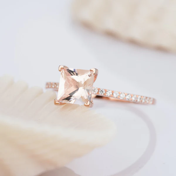 Natural Pink Morganite and Diamond Engagement Ring, 2 Carat Rose Gold Princess Cut Wedding Ring, Anniversary Promise Ring Gifts