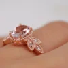 Pink-peach Oval Morganite Ring, Vintage Leaf Design Engagement Ring, white diamond solid rose gold ring