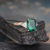 Emerald Cut Moissanite Engagement Ring Rose Gold Trillion Cut Lab Emerald Ring Triangle Shaped Moissanite Unique Ring Three Stone Ring
