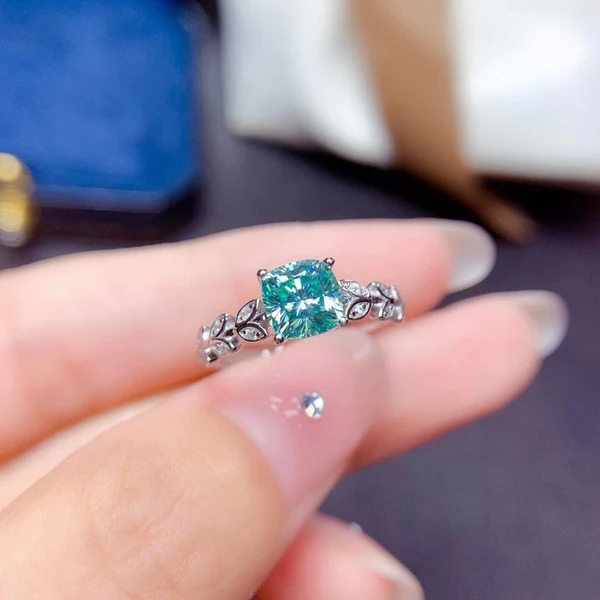 Dainty & Gorgeous Green Cushion Moissanite Ring Leafs band ring 1ct D Color VVS Women Ring For Wedding, Sterling Silver Anniversary gift, Women's Ring
