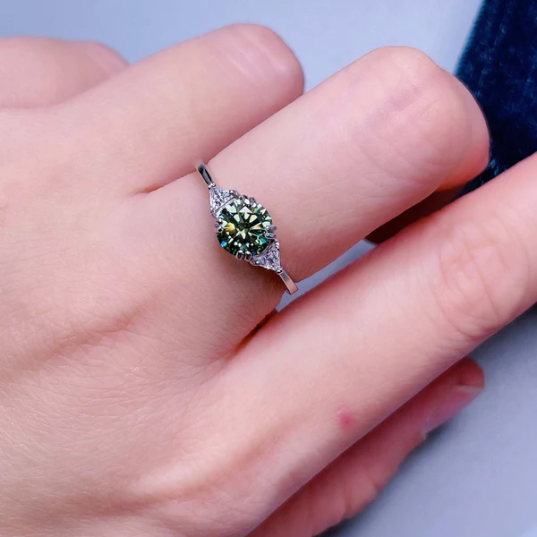 Brilliant Round Cut Moissanite Ring | Green Moissanite Ring | Handmade Ring | 925 Sterling Silver Ring | Dainty Ring | Gift for Her