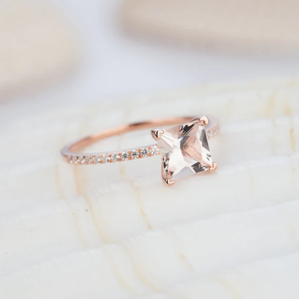 Natural Pink Morganite and Diamond Engagement Ring, 2 Carat Rose Gold Princess Cut Wedding Ring, Anniversary Promise Ring Gifts