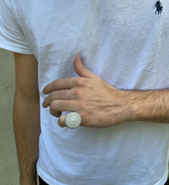 925 Sterling Silver Round Moissanite Diamond HUGE Men Ring, Fully Iced Gold Plated Moissanite Round Hip Hop Rapper Pinky Ring, Round Moissanite Diamond Hip Hop Ring For Him