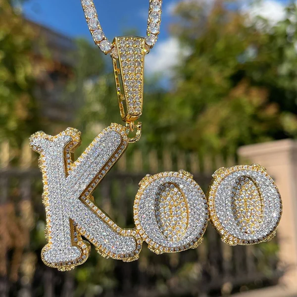 14k Gold Finish KOO Custom Letter Hip Hop Charm VVS Diamond Pendant, Sterling Silver Iced Out VVS Diamond Pendant, Charm Diamond Hip Hop Pendant