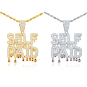 Round White VVS Diamond Customized Letter SELF PAID Hip Hop Pendant, Sterling Silver Iced Out Birthday Gift Pendant, Charm Diamond Hip Hop Pendant