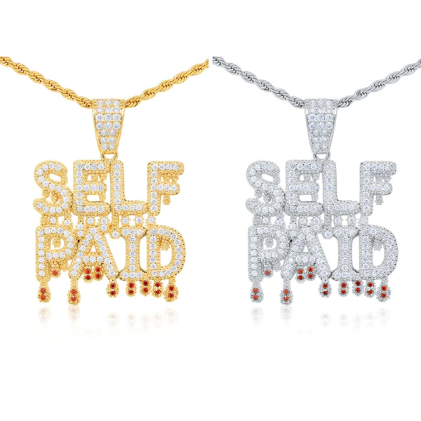 Round White VVS Diamond Customized Letter SELF PAID Hip Hop Pendant, Sterling Silver Iced Out Birthday Gift Pendant, Charm Diamond Hip Hop Pendant