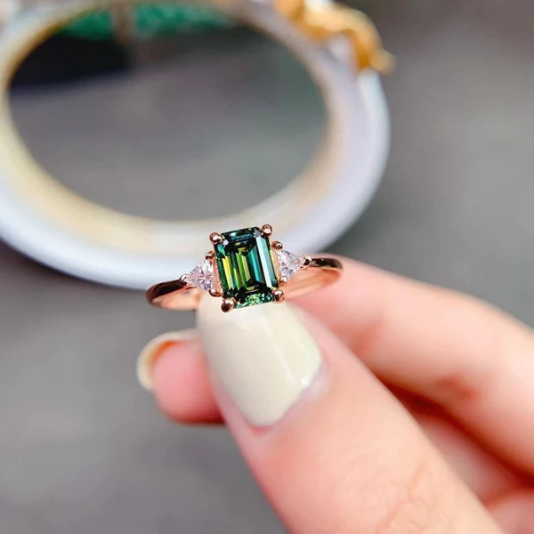 Dainty & Gorgeous Rectangle Emerald Cut Green Moissanite Ring, Sterling Silver Ring, Women's Ring Promise ring