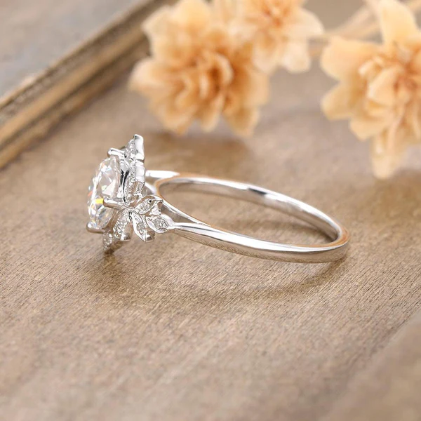 Round Moissanite Flower Floral Solitaire Diamond Engagement Ring, Moissanite Wedding Ring, Silver Moissanite Diamond Women Ring, Proposal Gold Ring For Her