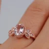 Pink-peach Oval Morganite Ring, Vintage Leaf Design Engagement Ring, white diamond solid rose gold ring