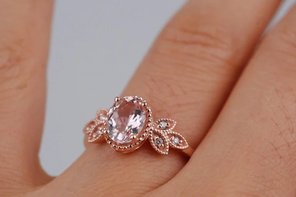 Pink-peach Oval Morganite Ring, Vintage Leaf Design Engagement Ring, white diamond solid rose gold ring