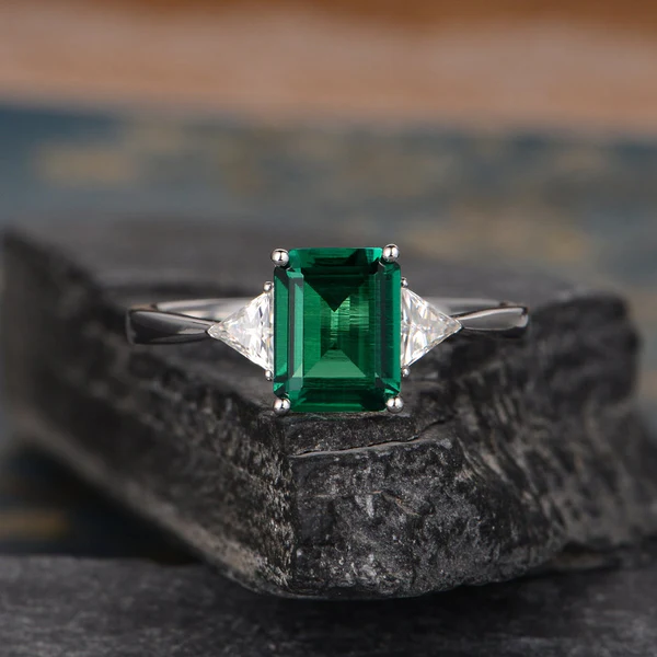 Emerald Cut Moissanite Engagement Ring Rose Gold Trillion Cut Lab Emerald Ring Triangle Shaped Moissanite Unique Ring Three Stone Ring
