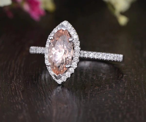 Marquise Morganite Engagement Ring Rose Gold Unique Wedding Ring Antique Natural Diamond Halo Women Anniversary Promise Gift for her Bridal