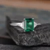 Emerald Cut Moissanite Engagement Ring Rose Gold Trillion Cut Lab Emerald Ring Triangle Shaped Moissanite Unique Ring Three Stone Ring