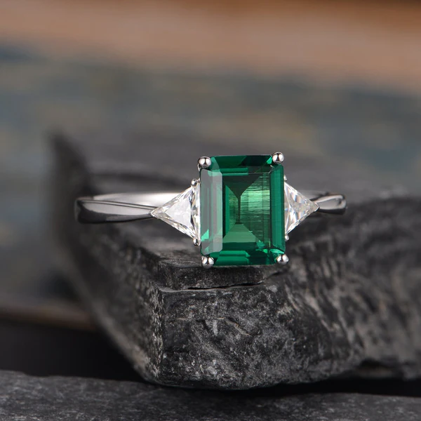 Emerald Cut Moissanite Engagement Ring Rose Gold Trillion Cut Lab Emerald Ring Triangle Shaped Moissanite Unique Ring Three Stone Ring