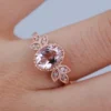Pink-peach Oval Morganite Ring, Vintage Leaf Design Engagement Ring, white diamond solid rose gold ring