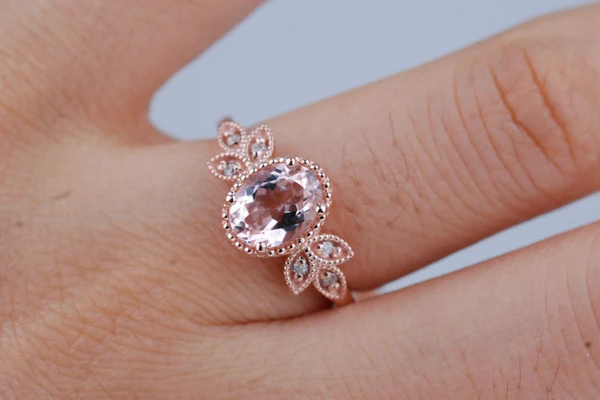 Pink-peach Oval Morganite Ring, Vintage Leaf Design Engagement Ring, white diamond solid rose gold ring