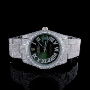 Rolex Datejust Presidential VVS Diamond Men Watch, Green 41mm Dial White Gold Plated Stainless Steel Men Watch For Gift, Fully Iced Out Birthday Gift Watch For Him