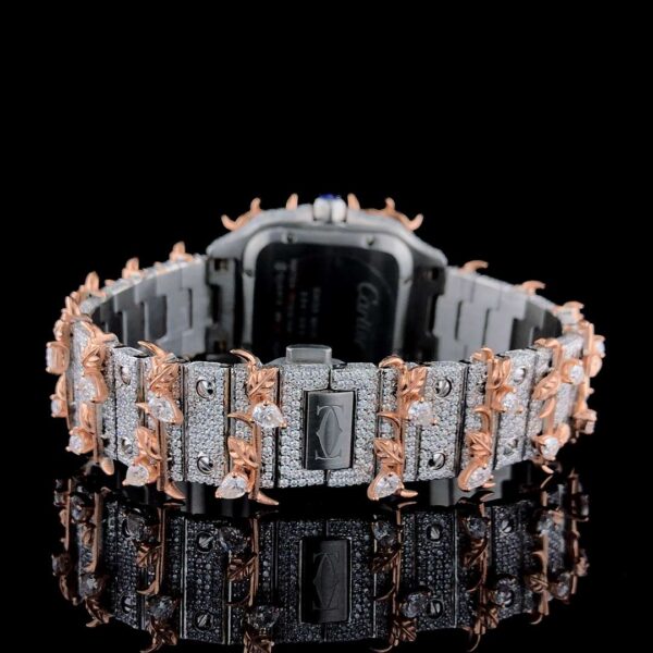 Cartier Santos Round Moissanite Diamond 3D Calet Men Watch, Stainless Steel White Gold Plated Men Watch For Birthday Gift