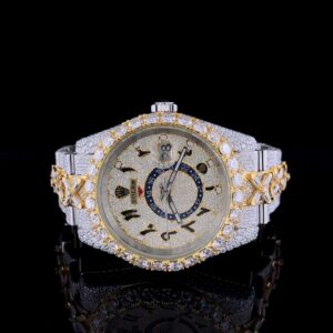 Rolex Sky Dweller Baguette & Round VVS Diamond Men Watch, 42mm Dial White & Rose Gold 2 Tone Plated Stainless Steel Men Watch For Gift, Fully Iced Out Birthday Gift Watch For Him