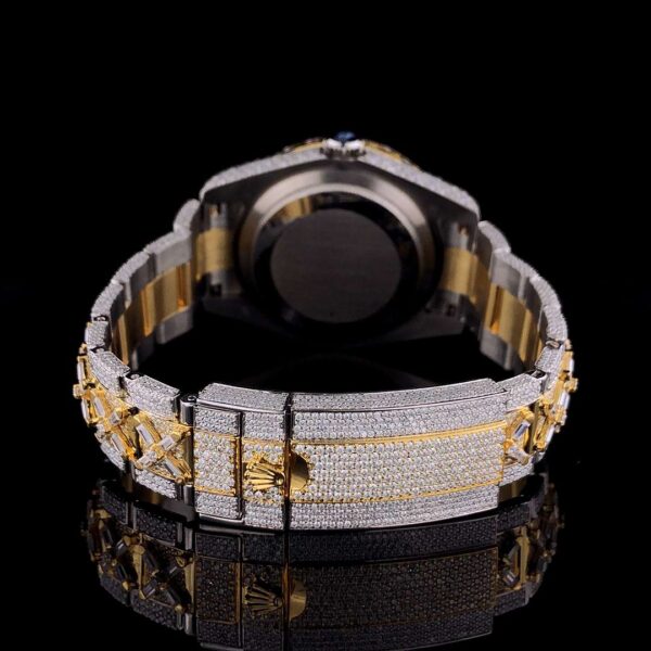 Rolex Sky Dweller Baguette & Round VVS Diamond Men Watch, 42mm Dial White & Rose Gold 2 Tone Plated Stainless Steel Men Watch For Gift, Fully Iced Out Birthday Gift Watch For Him