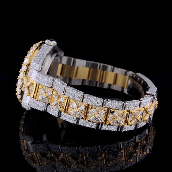 Rolex Sky Dweller Baguette & Round VVS Diamond Men Watch, 42mm Dial White & Rose Gold 2 Tone Plated Stainless Steel Men Watch For Gift, Fully Iced Out Birthday Gift Watch For Him