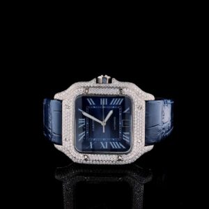 Cartier Santos Moissanite Diamond Full Iced Out Men Watch, Stainless Steel Yellow Gold Plated Men Watch For Birthday Gift