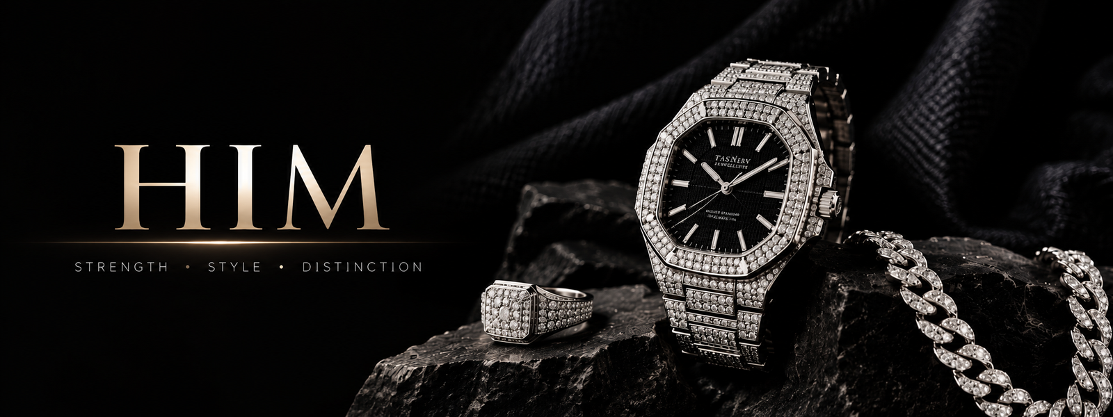 Tasnim Jewellery Products For Him Rolex Datejust SKULL Customized Design VVS Moissanite Diamond Men Watch, 41mm Dial White & Yellow Gold Plated Stainless Steel Men Watch For Gift, Fully Iced Out Birthday Gift Watch For Him